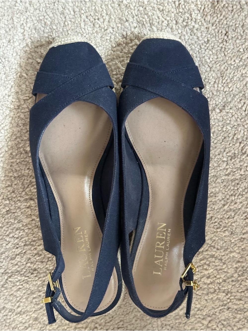 Ralph Lauren Navy Cross-Strap Slingback Mules with Gold Buckles